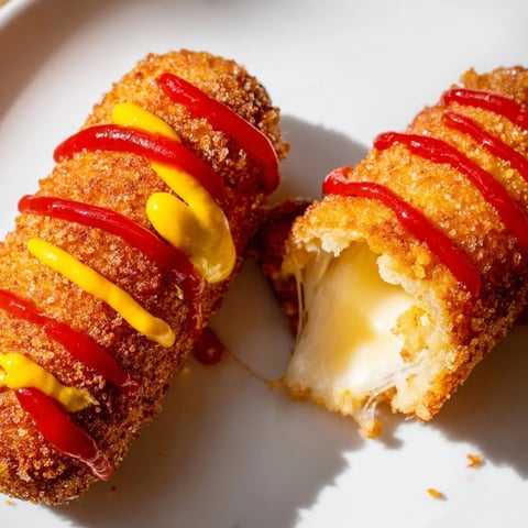 Golden-brown, crispy Cheesy Korean Corn Dogs served with ketchup and mustard, a delicious snack.