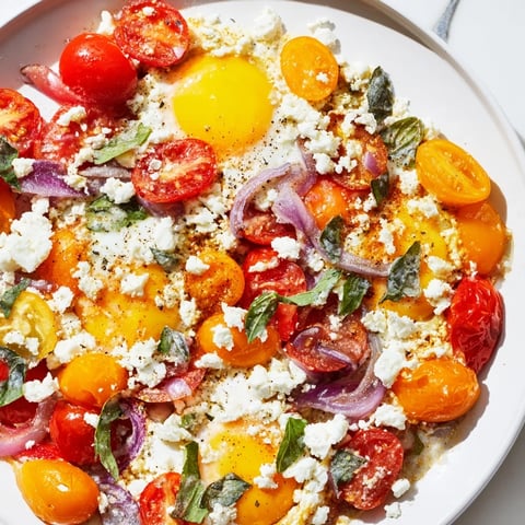 Sheet pan of Tomato Feta Baked Eggs, showcasing juicy roasted tomatoes and creamy feta cheese.
