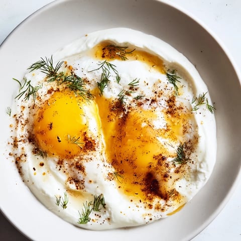 Cilbir with perfectly poached eggs and a generous drizzle of spicy, bubbling brown butter.