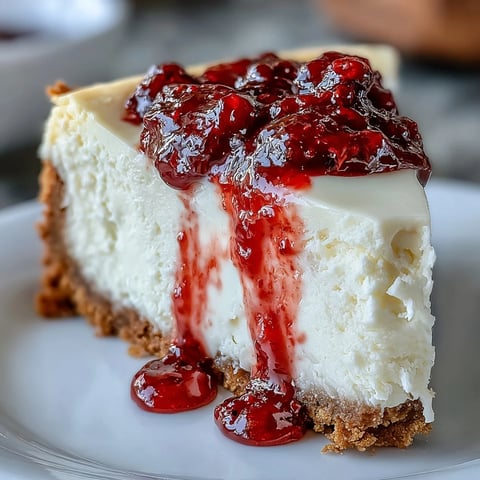 Creamy white chocolate raspberry cheesecake with a buttery graham cracker crust and vibrant red swirls.