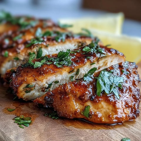 Golden-brown Oven Baked Chicken Breast with fresh parsley and lemon wedges on a rustic plate.