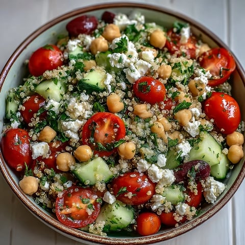 This image showcases the High Protein Quinoa & Chickpea Salad with vibrant red tomatoes, diced cucumber, and creamy feta nestled among fluffy quinoa and hearty chickpeas.  