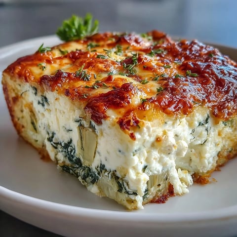 Golden-brown High Protein Spinach Artichoke Bake cooling on a white plate, ready to slice.