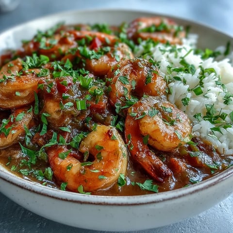 Classic New Orleans Étouffée served over fluffy white rice, garnished with fresh parsley and vibrant green onions.
