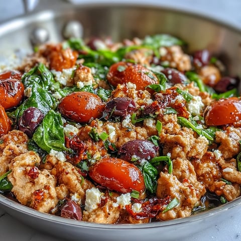 Freshly cooked Mediterranean Keto Ground Chicken Skillet featuring juicy ground chicken, sweet cherry tomatoes, and briny Kalamata olives in a sizzling pan.