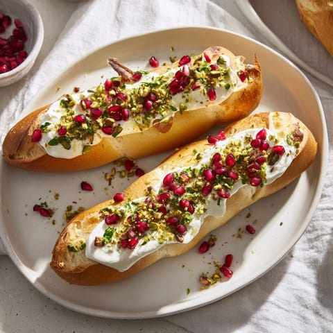 Creamy goat cheese spread over toasted baguette, crowned with pomegranate seeds, makes these Festive Crostini irresistible!
