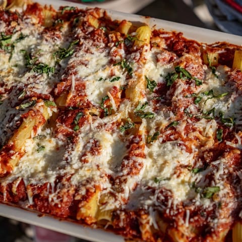Golden-brown One-Dish Baked Ziti boasts layers of pasta, creamy ricotta, and a perfect, cheesy topping.