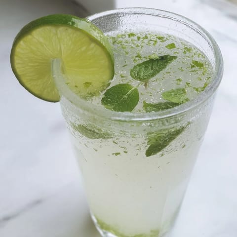 Refreshing Mint Lime Agua Fresca, a pitcher of the bright beverage with mint floating on top.