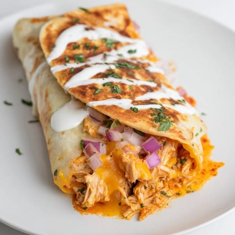 A close-up of a delicious Buffalo Chicken Quesadilla, oozing cheese and ready to be devoured with ranch.