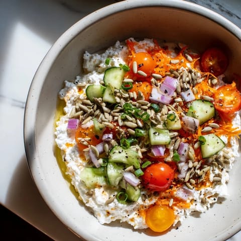 A close-up of a Cottage Cheese Snack Bowl showcasing creamy cottage cheese and colorful chopped vegetables.