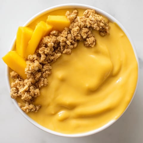 Vibrant image of chilled Mango Blended Overnight Oats; a tropical breakfast ready to enjoy with a spoon.