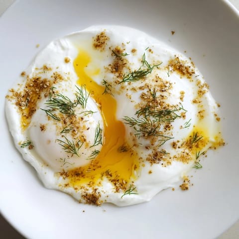 A vibrant photo: creamy Greek yogurt topped with poached eggs and delightful Cilbir spiced butter.