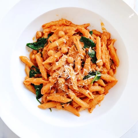 A steaming skillet of Creamy Tuscan Chickpea Pasta features al dente pasta tossed with chickpeas and spinach in a velvety tomato sauce.