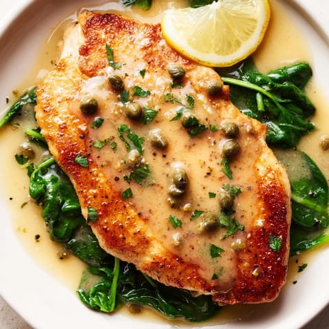 A serving of tender Spinach Lemon Butter Chicken is plated alongside fluffy mashed potatoes, garnished with fresh parsley and lemon slices.  