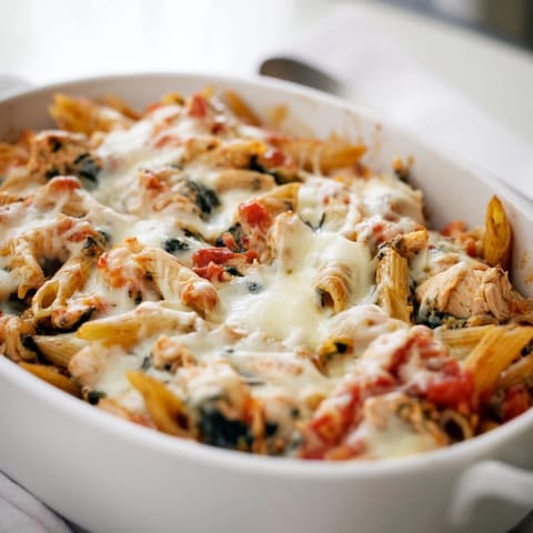 Golden-baked Pesto Chicken Pasta casserole with bubbling mozzarella, fresh basil, and tender penne nestled in vibrant green pesto sauce.