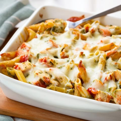 A family-friendly Pesto Chicken Pasta Bake in a ceramic dish, steam rising from melted cheese and tomato-based sauce for a cozy dinner.