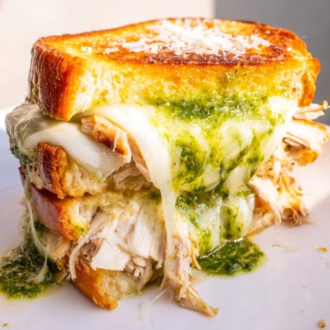 Sourdough bread crisped to perfection holds juicy chicken and melted mozzarella in a pesto-infused grilled cheese.