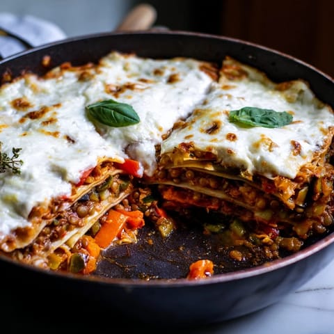 Golden One-Pan Smoky Veggie Lentil Lasagne bubbling with melted mozzarella and fresh basil on top, served hot from the oven.