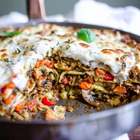 Hearty One-Pan Smoky Veggie Lentil Lasagne layers of tender vegetables and lentils in a rich, creamy béchamel sauce.