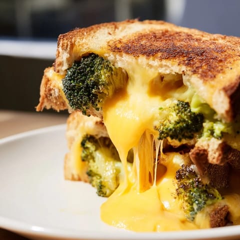 A close-up of a crispy Roasted Broccoli & Cheddar Grilled Cheese, showing gooey cheese and perfectly caramelized broccoli on the slices.