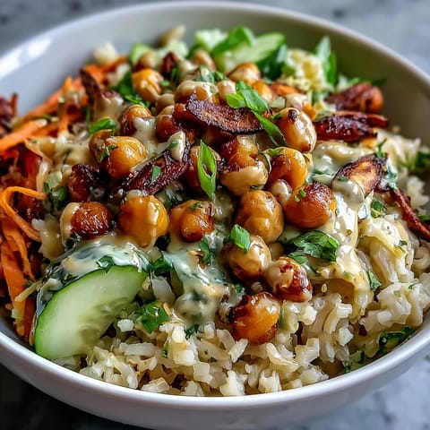 A vibrant bowl of Peanut Chickpea Rice Bowl with brown rice, roasted chickpeas, peanuts, and colorful fresh vegetables.