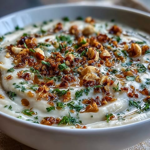 Earthy roasted celeriac soup topped with crunchy hazelnut crumble for texture contrast.  
