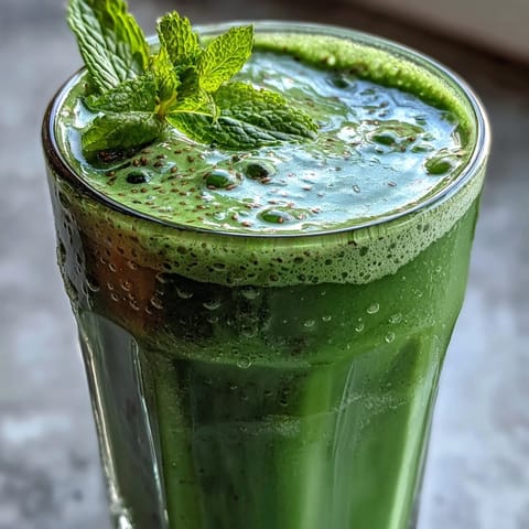 A tall glass of vibrant Green Detox Smoothie filled with blended romaine, spinach, and apple, garnished with fresh mint leaves and a sprinkle of chia seeds.  