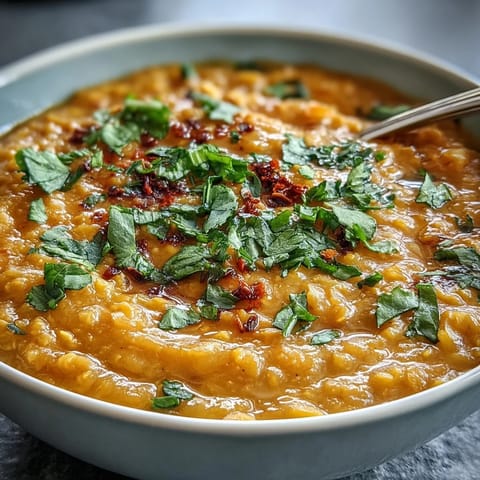 A close-up of aromatic dhal with tender red lentils and crisp, spiced cauliflower, perfect for a comforting vegan dinner.  