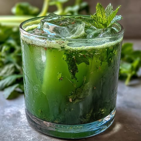 A tall glass of Celery Ginger Lemon Juice, garnished with fresh mint and lemon slices, gleaming with ice cubes and a sprinkle of Himalayan salt.