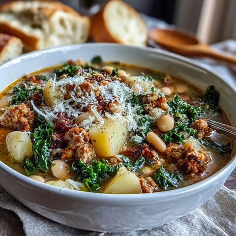 Savory Tuscan White Bean Sausage Soup served hot in a rustic bowl, topped with fresh Parmesan and crusty bread.