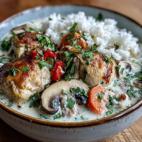 A bowl of Thai Coconut Curry Soup garnished with fresh cilantro and lime wedges, paired with extra jasmine rice.