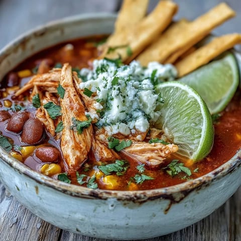 Tender chicken and pinto beans swim in a richly spiced tomato broth of Chicken Tortilla Soup, garnished with cotija cheese and lime wedges.  