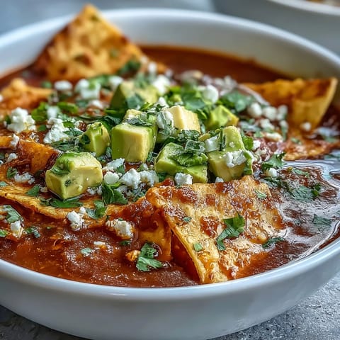 Fresh Sopa Azteca topped with creamy panela cheese, diced avocado, and chopped cilantro, served with a lime wedge. 