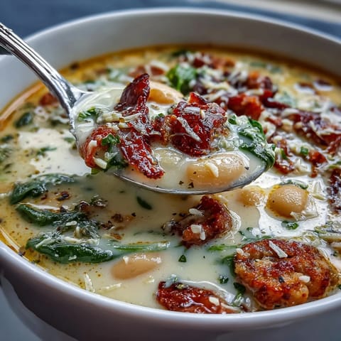 Epic Creamy Tuscan White Bean Soup served with crusty bread, showing rich, creamy broth with sausage and spinach.  