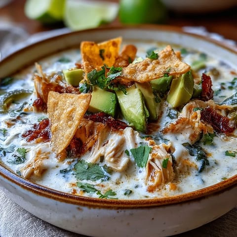 A bowl of Creamy Chicken Tortilla Soup topped with diced avocado and fresh cilantro, perfect for a cozy Tex-Mex dinner.