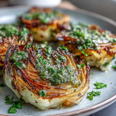 Golden cabbage steaks topped with spicy jalapeño chimichurri, served on a rustic plate for a vegan dinner.