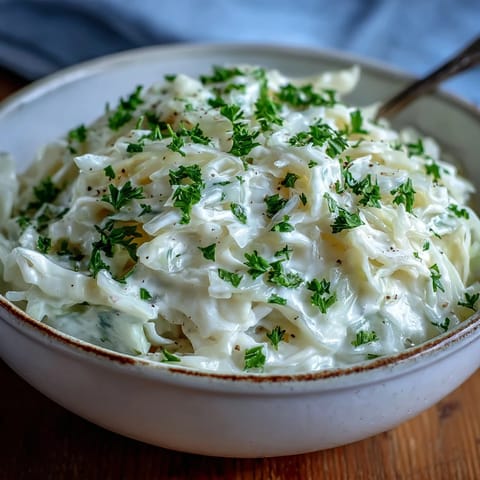A close-up of tender Creamed Cabbage in a velvety white sauce, served as a side dish.