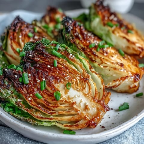 Four savory Miso Butter Roasted Cabbage Wedges with crispy charred edges on a white platter.