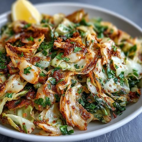 Freshly sautéed cabbage with garlic and Mediterranean spices in a skillet, glistening with olive oil and topped with bright green parsley.