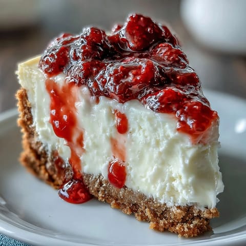 A slice of white chocolate raspberry cheesecake topped with fresh berries and sweet sauce.