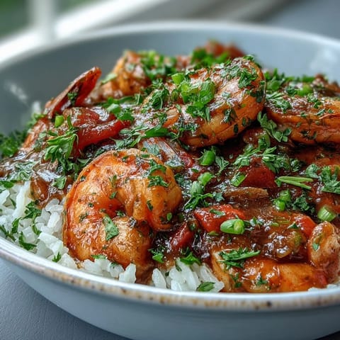 Sizzling Classic New Orleans Étouffée with plump shrimp in a rich, dark roux, ready to be served over fluffy rice.