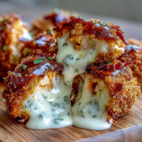 Golden-brown Buffalo Chicken Bacon Mozzarella Bombs served with a side of creamy ranch dip.