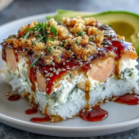 Golden, bubbly Spicy Salmon Sushi Bake topped with creamy avocado and a drizzle of sriracha mayo.
