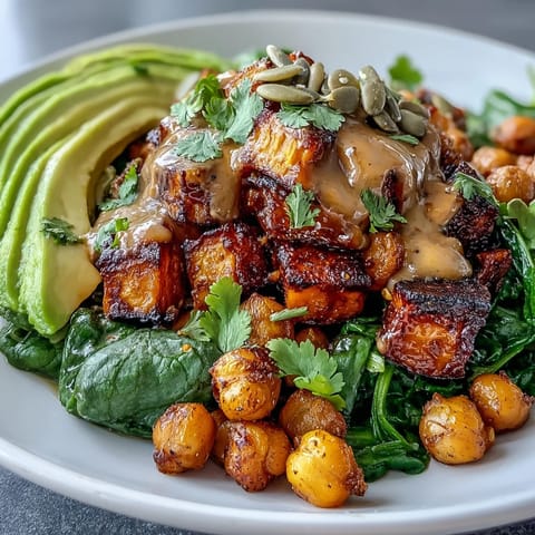 Golden roasted sweet potato and chickpea bowl topped with avocado and smoky chipotle tahini dressing.