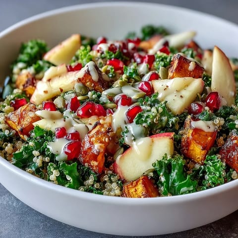 Vibrant Kale Harvest Grain Bowl with roasted sweet potatoes, fluffy quinoa, pomegranate seeds, and pepitas on a ceramic plate.