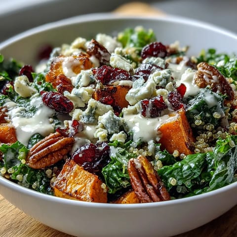 A vibrant Harvest Kale Quinoa Bowl drizzled with creamy lemon tahini dressing and dotted with sweet cranberries.