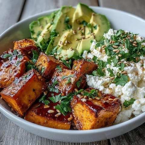 Golden roasted sweet potatoes with crispy edges and creamy avocado topped with hot honey drizzle in a bowl.