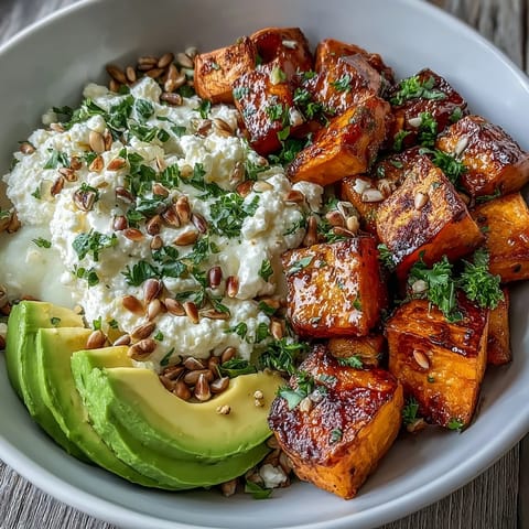 Cottage cheese and spicy-sweet hot honey add protein and shine to this vegetarian sweet potato bowl.