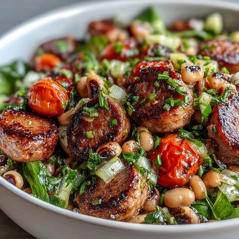 Hoppin John Style Black-Eyed Pea Salad with Turkey Sausage is plated on fresh greens with a zesty mustard dressing.
