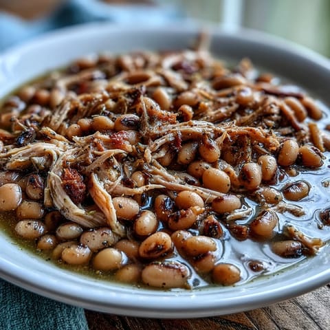 Tender, creamy black-eyed peas cook low-and-slow with a smoked turkey leg for a hearty Southern dinner, served steaming in a rustic bowl.